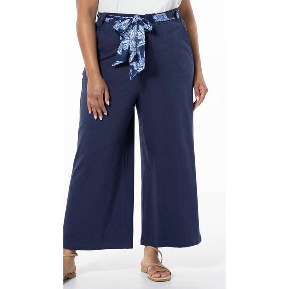 New Women's Navy DG2 Diane Gilman Cabana Knit Wide-Leg Crop Pant Size 10 NO BELT - Picture 1 of 2